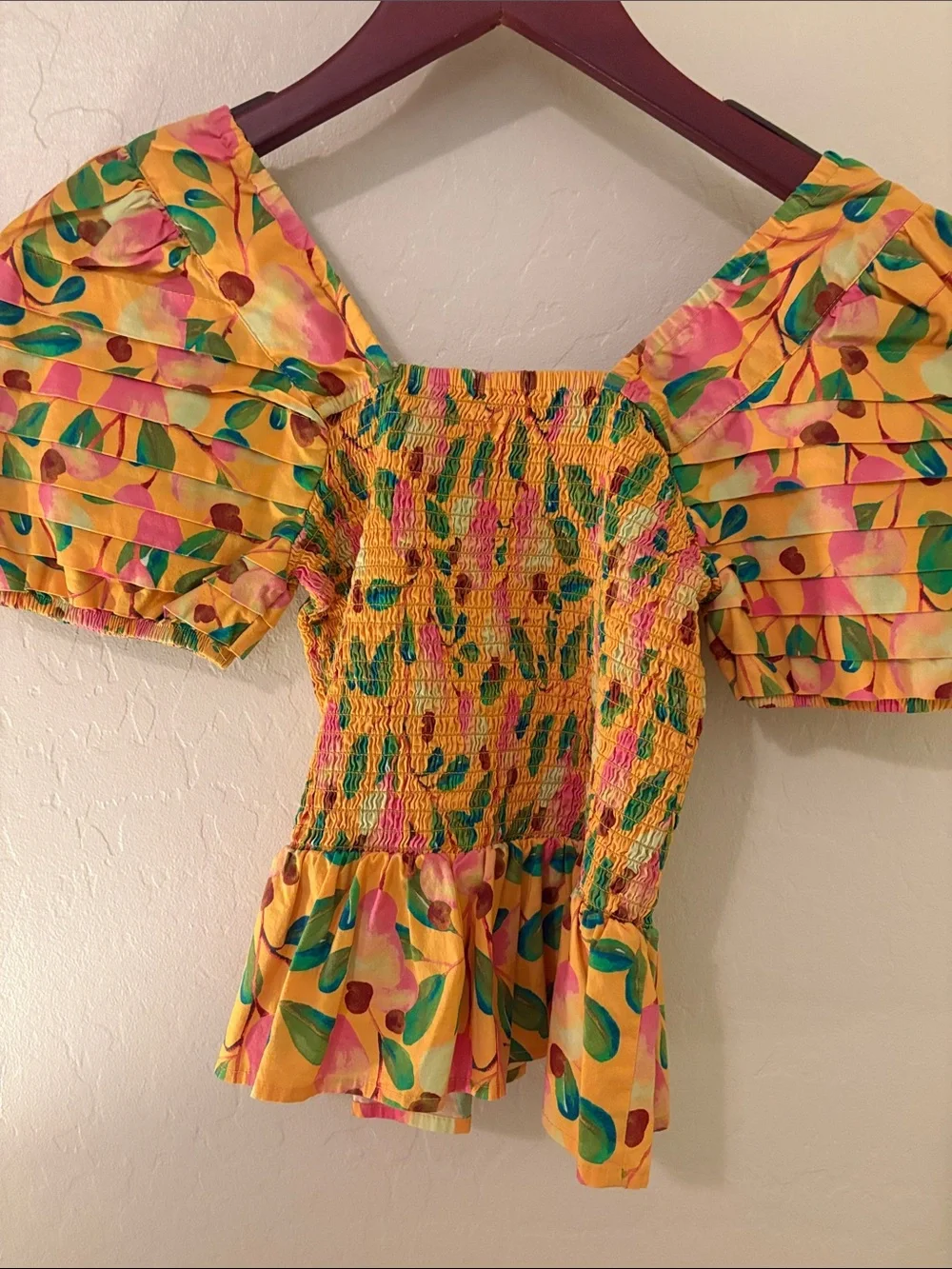 FARM Rio Yellow flower/fruit print Puff Sleeve Smocked Blouse